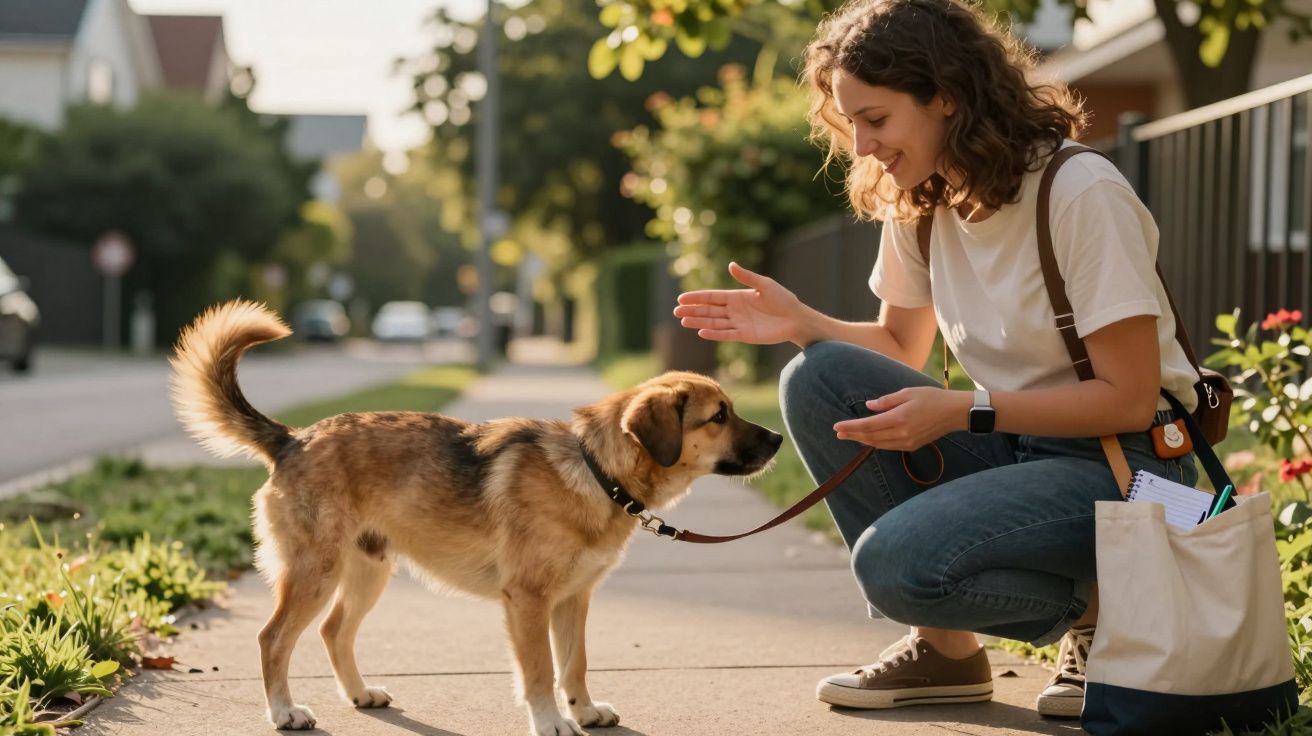 Femeie tânără interacționează prietenos cu un câine pe trotuar într-un cartier însorit.