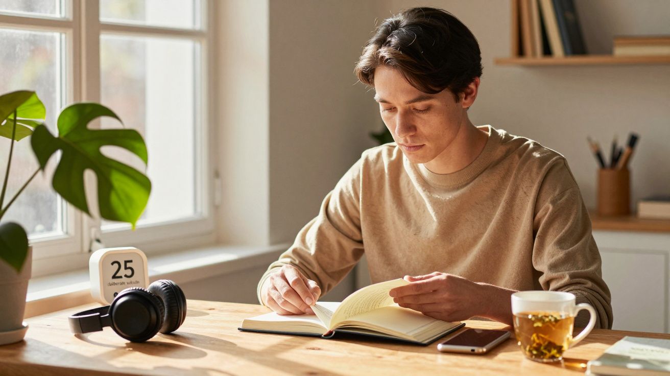 Bărbat citind la o masă de lemn, cu căști, ceai și plantă alături, într-o cameră luminoasă.