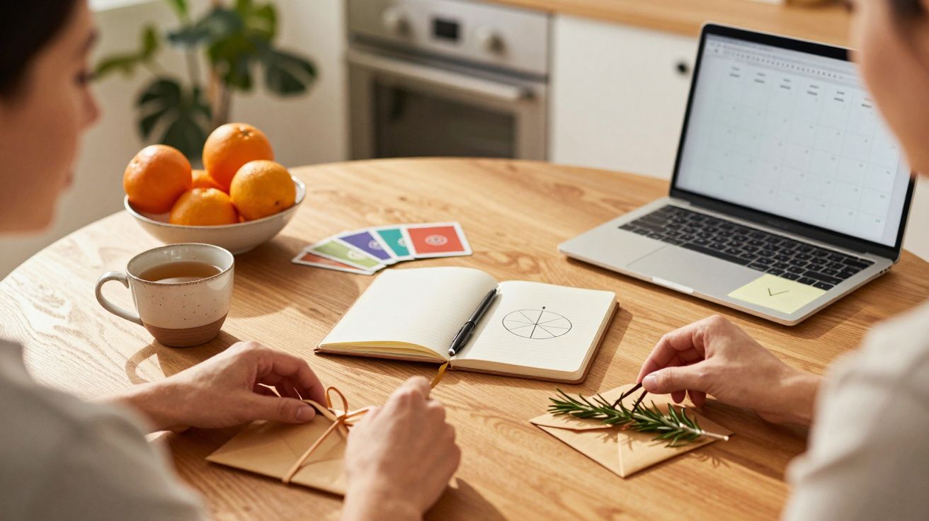 Persoane împachetează cadouri la o masă rotundă din lemn, cu laptop, carnețel, cești de ceai și un bol cu portocale.