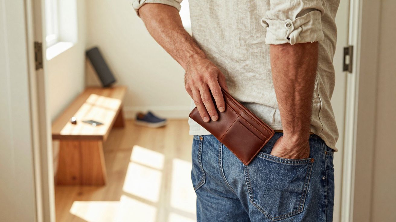 Bărbat îmbrăcat casual, punând un portofel maro în buzunarul de la spate al blugilor.