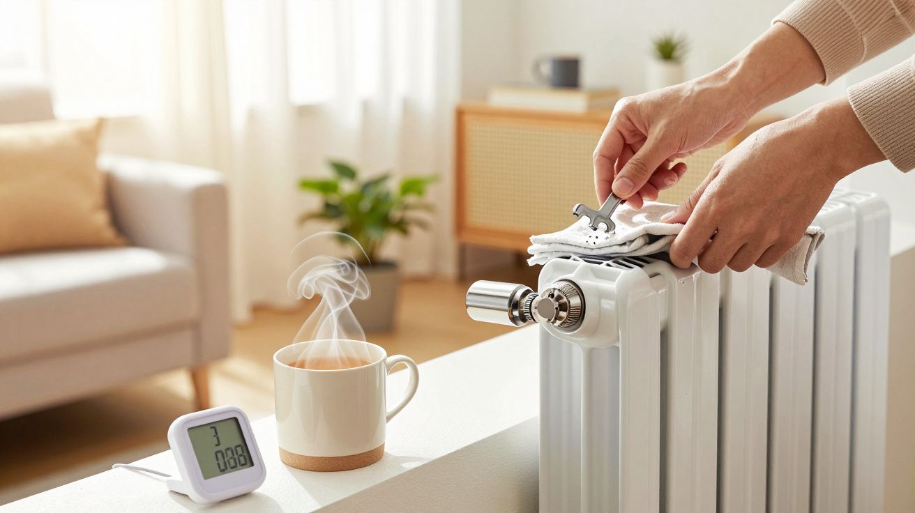 Persoană folosind cheie pentru aerisire calorifer, lângă un ceai fierbinte și un termometru digital în living luminos.