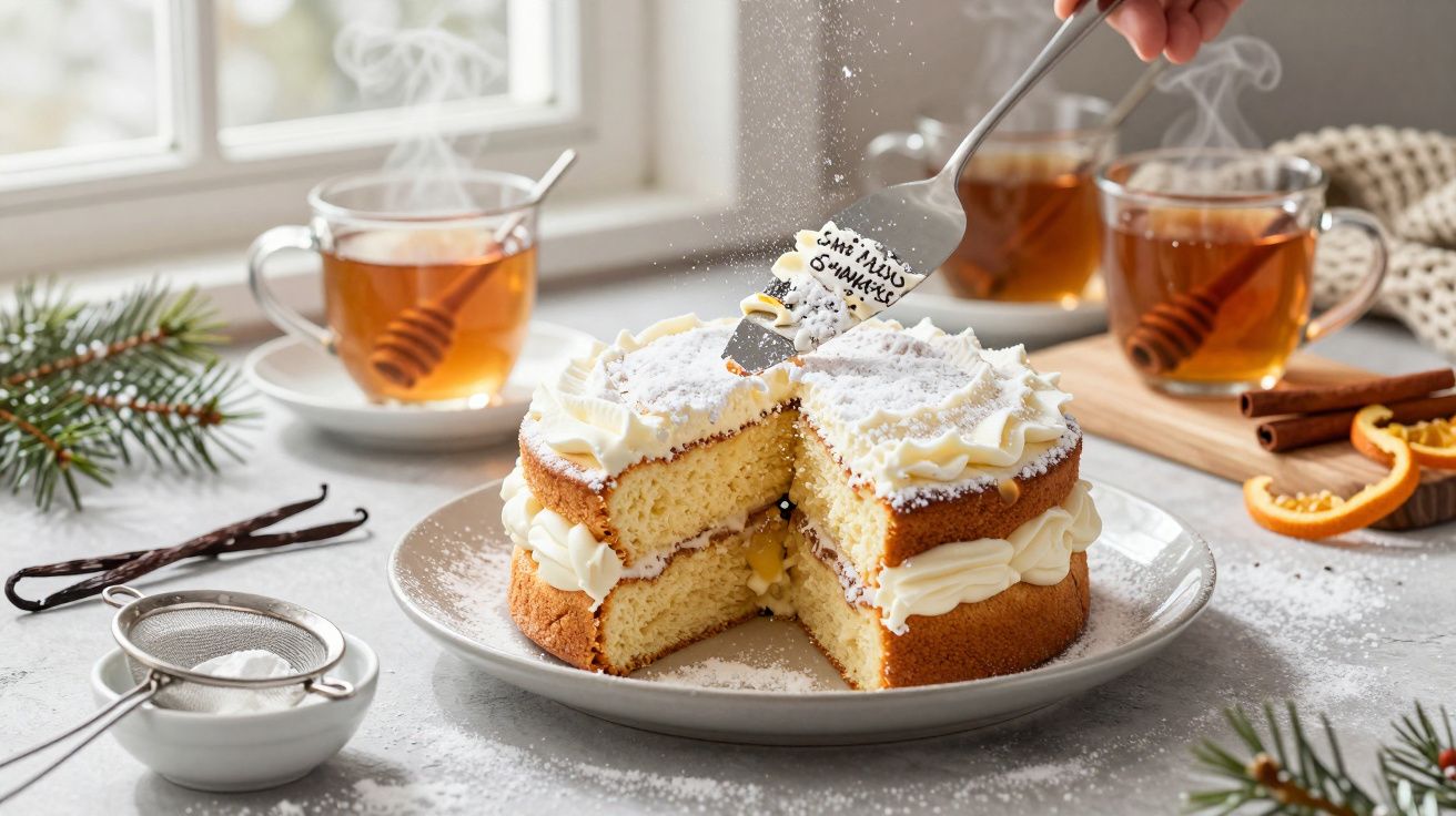 Tort cu frișcă și zahăr pudră, lângă cești cu ceai aburind, portocale și crenguțe de pin, pe o masă albă.