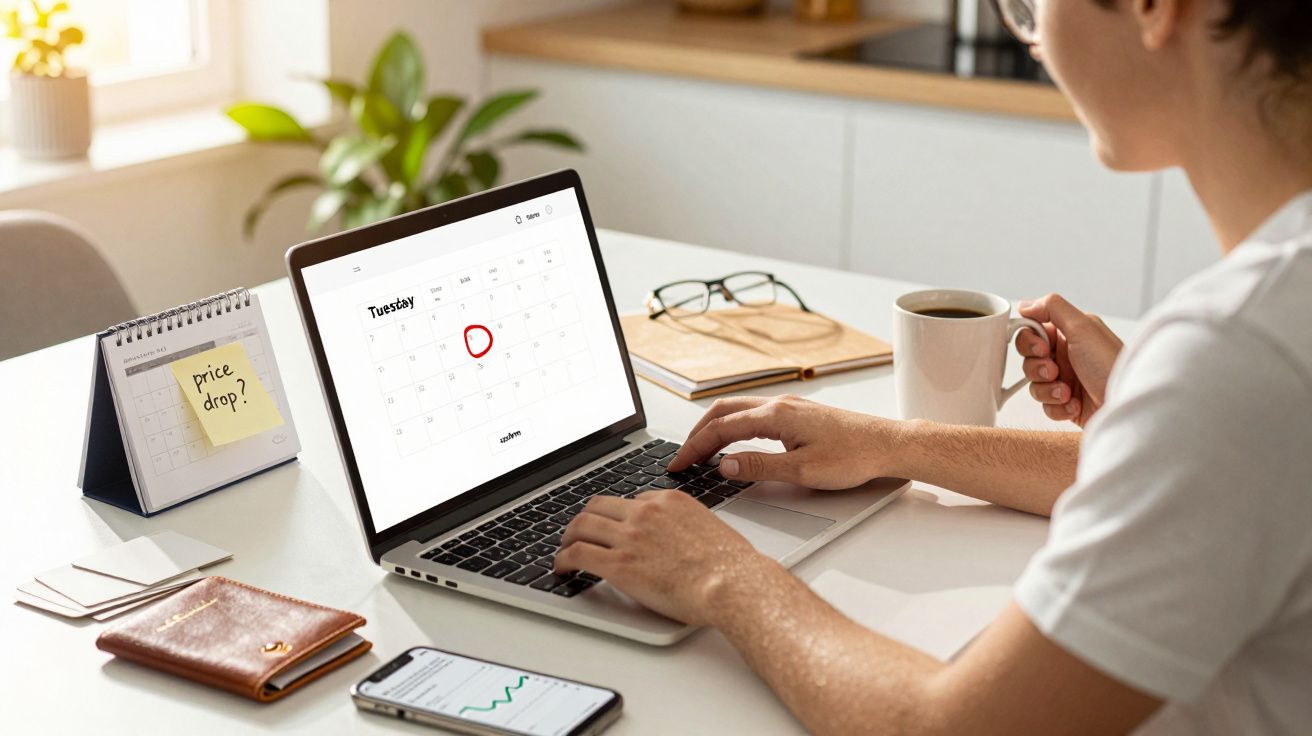Persoană folosind laptopul, vizualizând un calendar. Pe masă sunt o ceașcă de cafea, un portofel și un telefon.