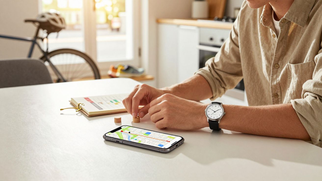 Persoană la masă utilizând un telefon cu hartă deschisă, o bicicletă și agendă în fundal.