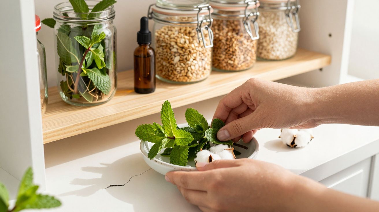 Mâini așezând frunze de mentă într-un bol alb, cu borcane de condimente pe un raft în fundal.