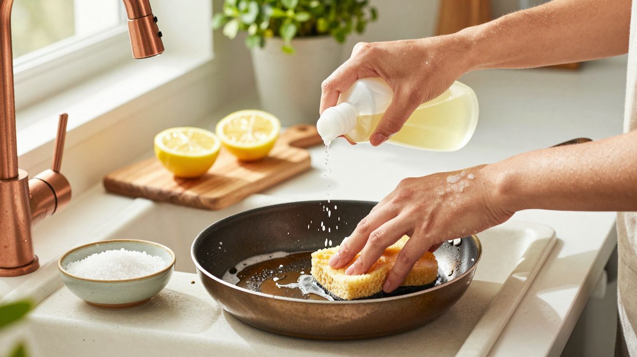 Persoană curăță o tigaie cu lichid de spălat vase și burete, lămâi și sare pe fundal.