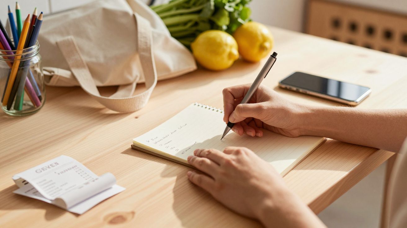 Mână scriind într-un caiet pe o masă de lemn, lângă fructe, telefon și o listă de cumpărături.