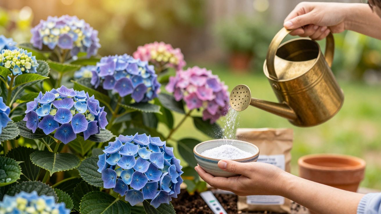 Mâini udând hortensii albastre și roz, folosind o stropitoare și pregătind îngrășământ într-un bol.