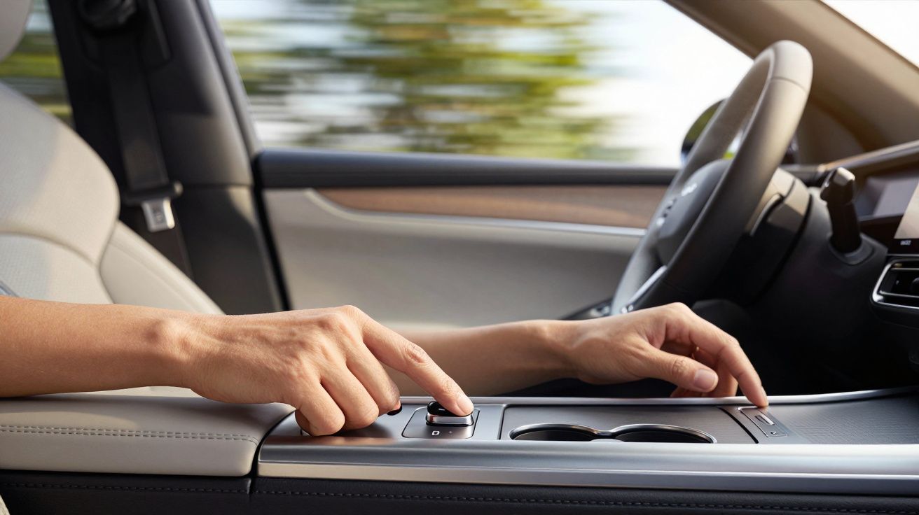 Mână apăsând buton pe consola centrală a unei mașini moderne, cu scaune din piele și suport de pahare.