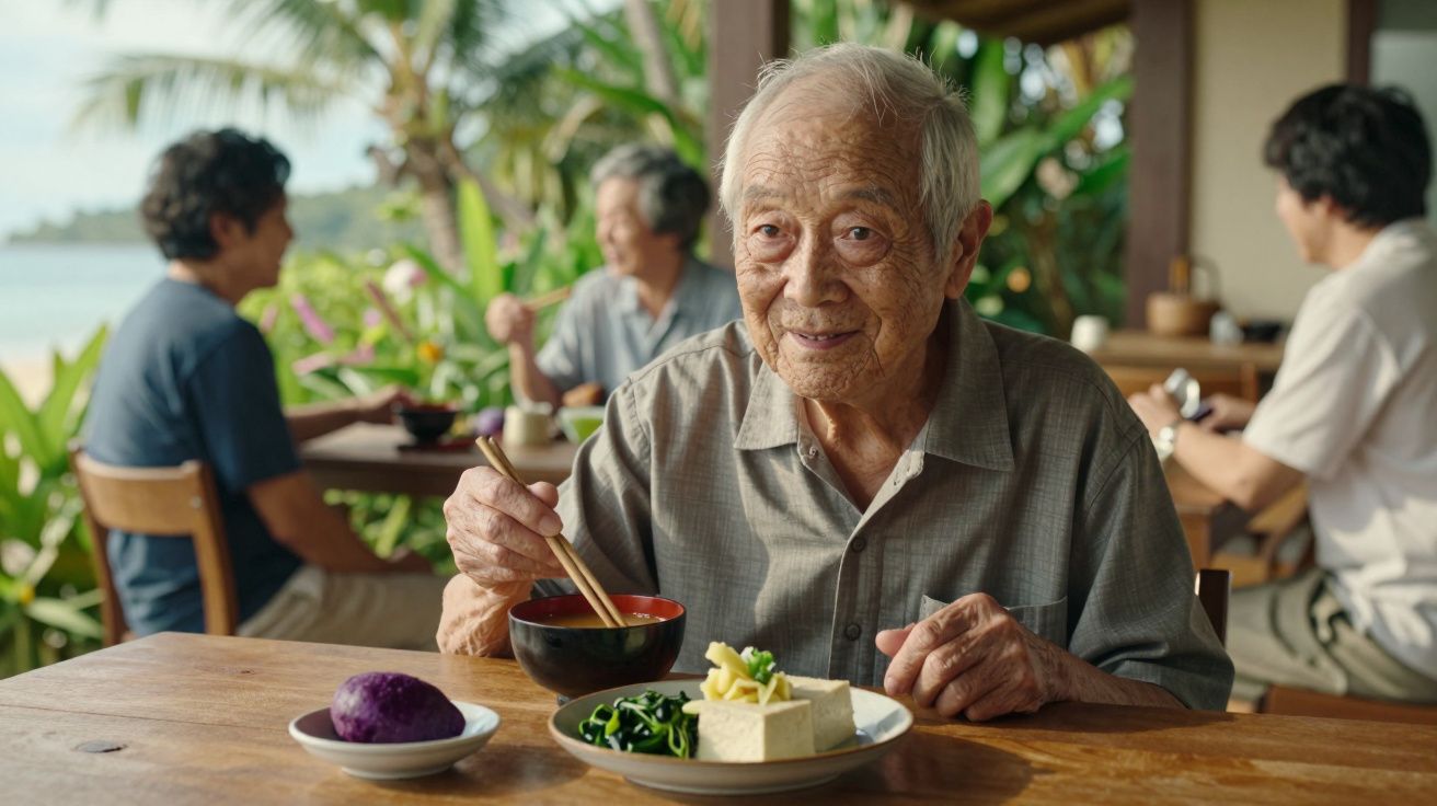 Bărbat vârstnic mâncând la o terasă, folosind bețișoare; oameni și plante tropicale pe fundal.