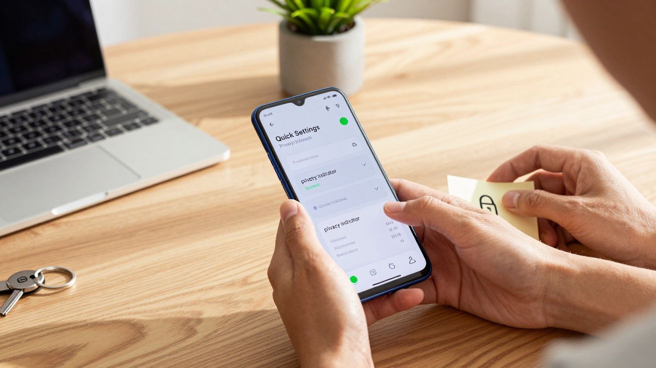 Persoană ținând telefon la birou, cu laptop, notiță galbenă și plantă în fundal.
