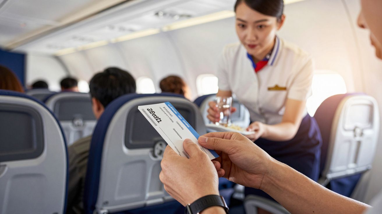 Pasager într-un avion ținând un bilet, în timp ce o însoțitoare de zbor servește băuturi.