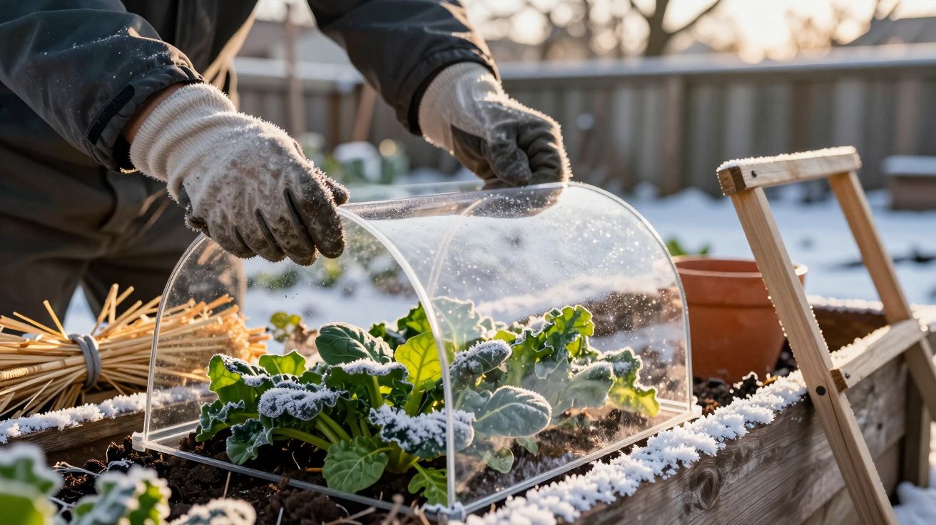 Persoană protejând legume de iarnă cu un clopot de plastic în grădină, acoperită de un strat subțire de zăpadă.