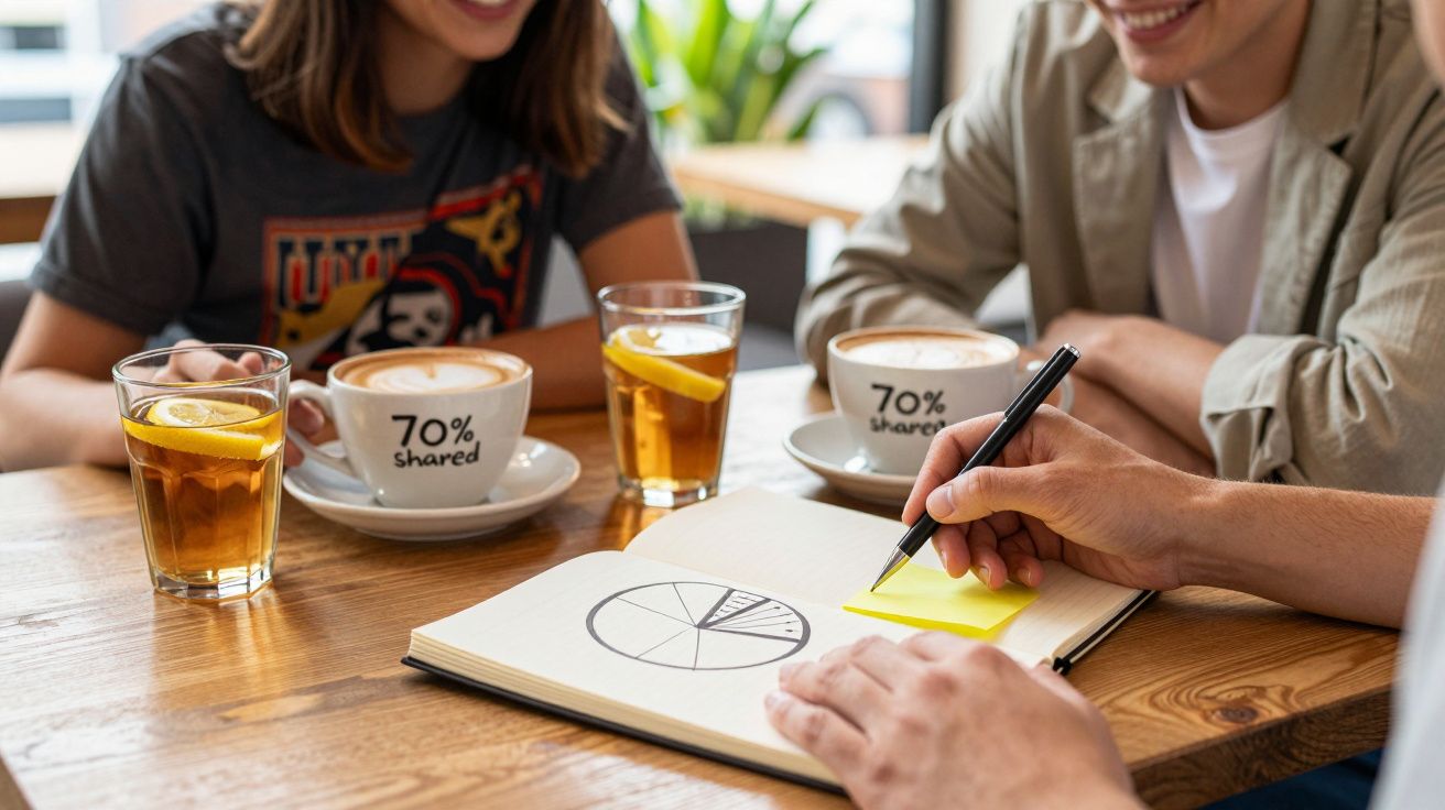 Trei persoane discută la o cafea cu ceai și diagrame, arătând un procent de 70% în caiet.