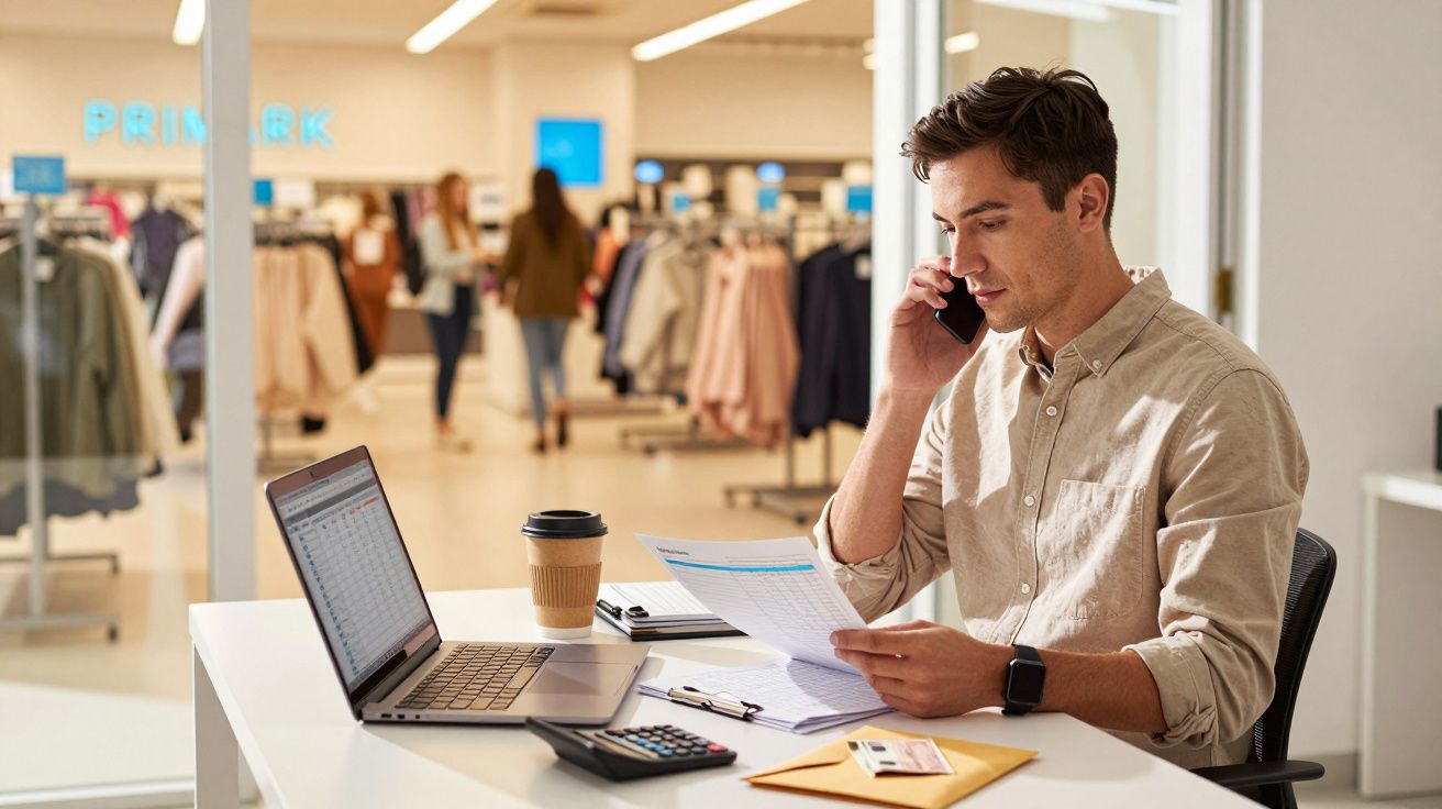 Bărbat la birou, vorbind la telefon, cu laptop, documente și calculator, într-un magazin de haine.