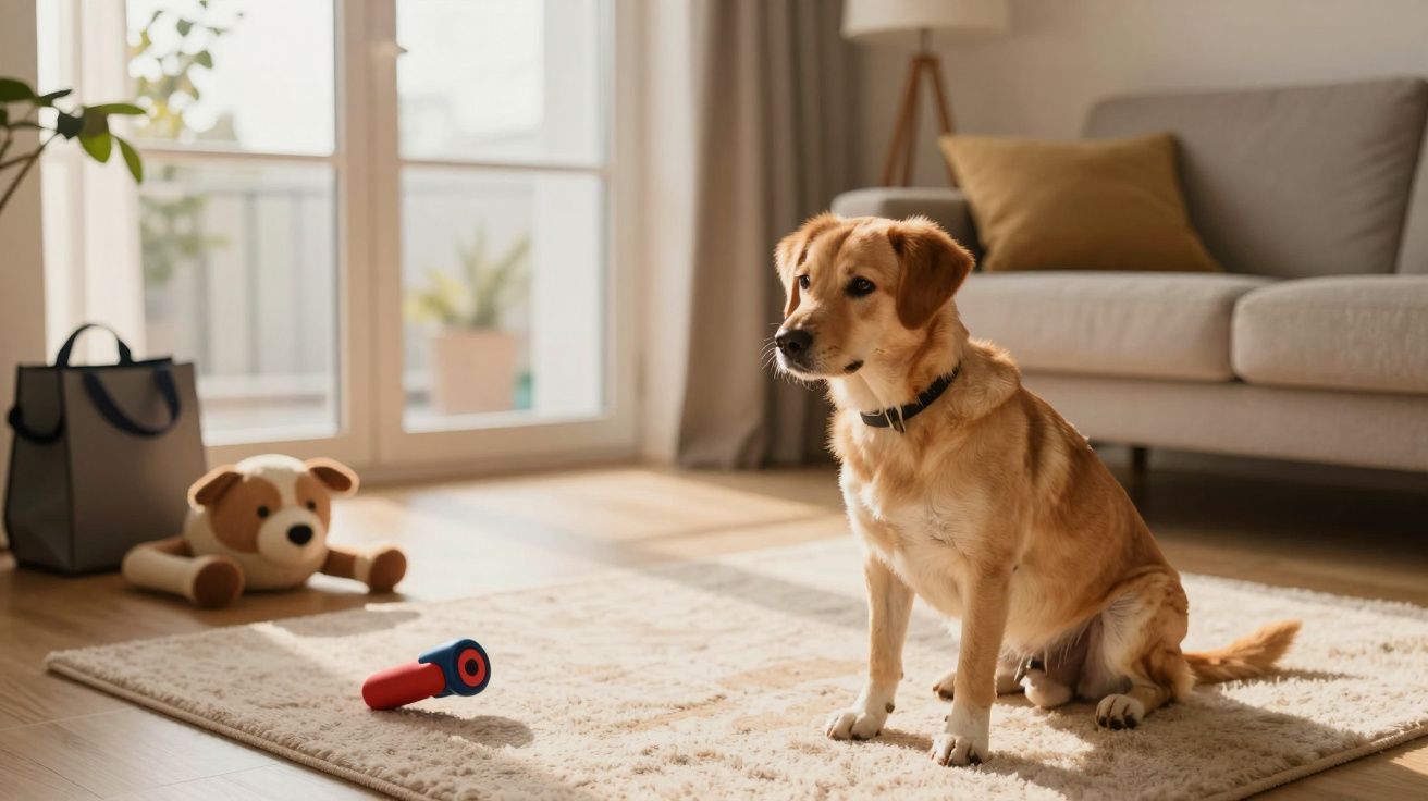 Câine galben stând pe covor într-un living luminat, înconjurat de jucării și o canapea gri în fundal.