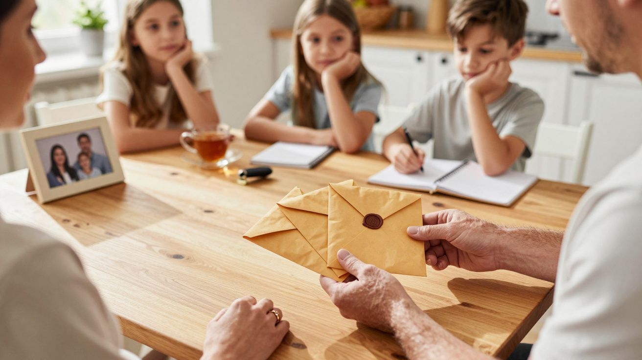 Un bărbat ține plicuri, discutând cu o familie la masa din bucătărie, alături de un caiet și o fotografie în ramă.