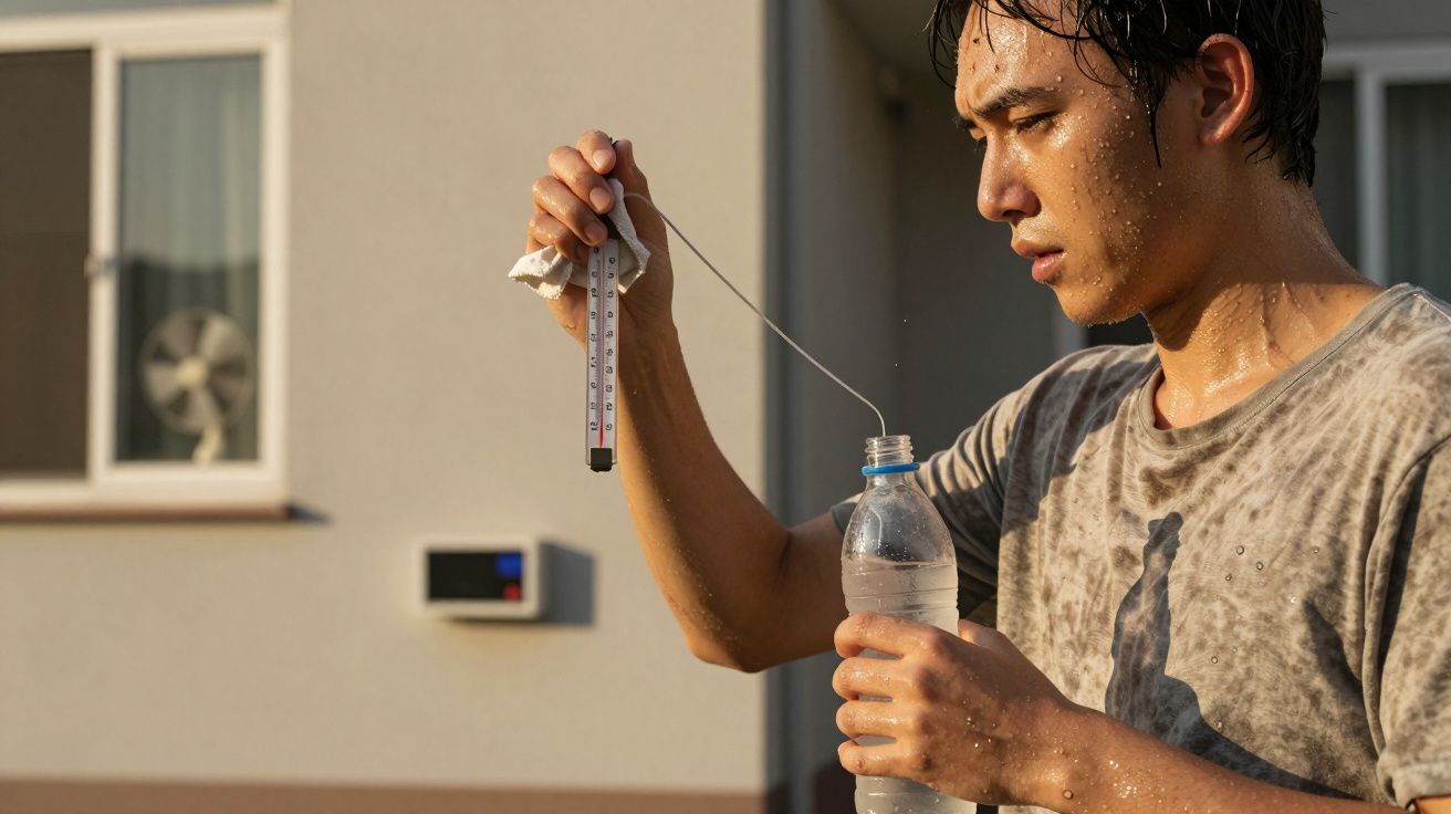 Bărbat transpirat măsoară temperatura apei dintr-o sticlă folosind un termometru afară în soare.