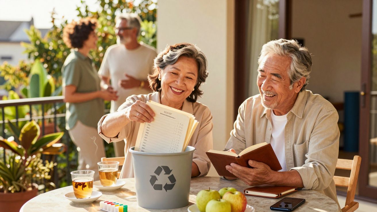 Cuplu senior pe terasă, reciclează hârtie și citește. Un alt cuplu discută în fundal.