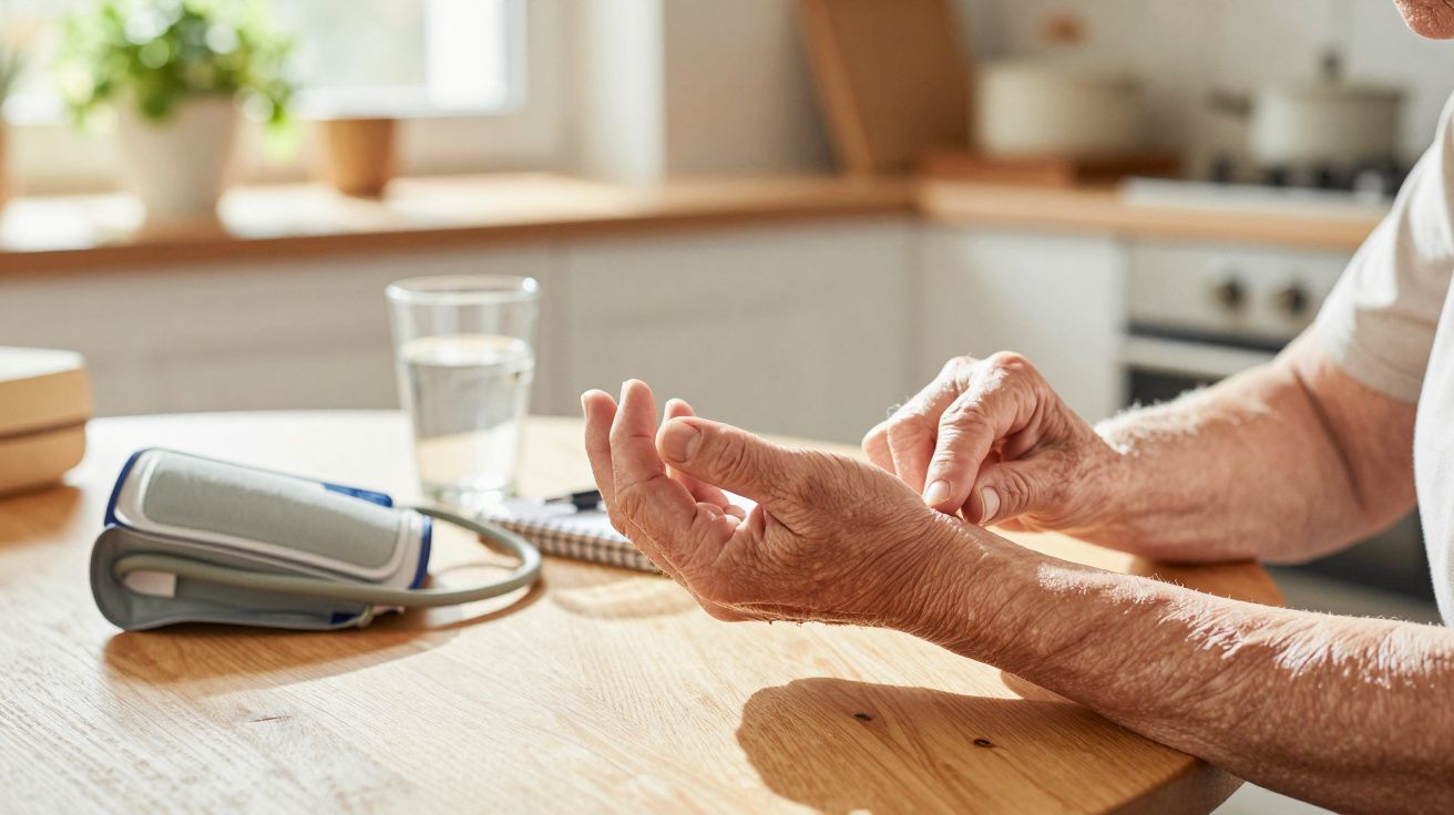 Persoană în vârstă își măsoară tensiunea arterială la masă, cu o lumină caldă intrând prin fereastră.