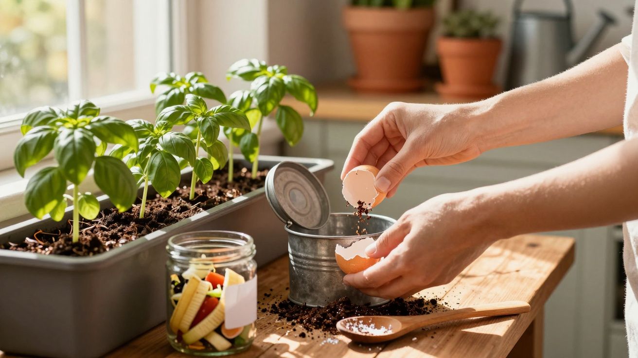 Persoană împrăștiind coji de ouă peste solul dintr-un ghiveci, lângă o fereastră, cu plante de busuioc în creștere.