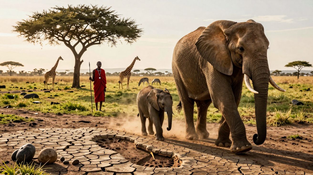 Elefanți mergând prin savană, girafe și un bărbat în fundal, peisaj african cu copaci și iarbă.