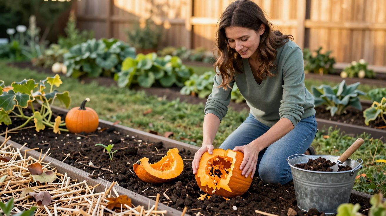 Femeie plantând semințe de dovleac în grădină, cu dovleac tăiat și găleată cu unelte alături.