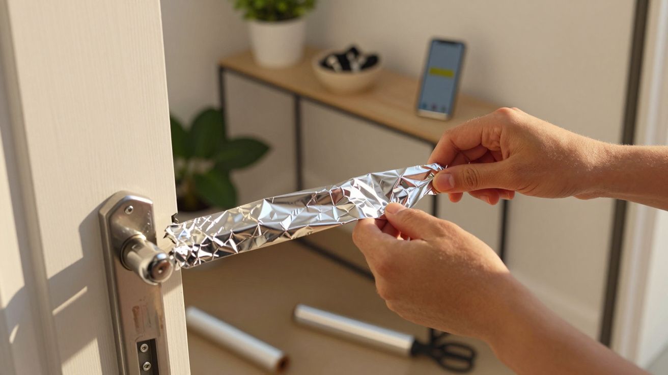 Mâini înfășurând folie de aluminiu pe o clanță de ușă, cu o plantă și un telefon pe fundal.