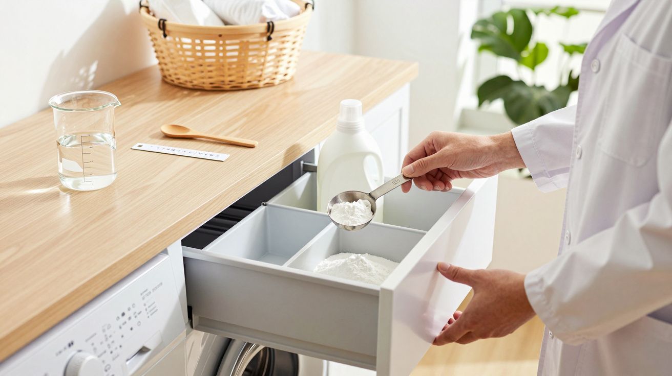 Persoană adaugă detergent pudră în sertarul unei mașini de spălat rufe, cu coș de rufe și plante în fundal.