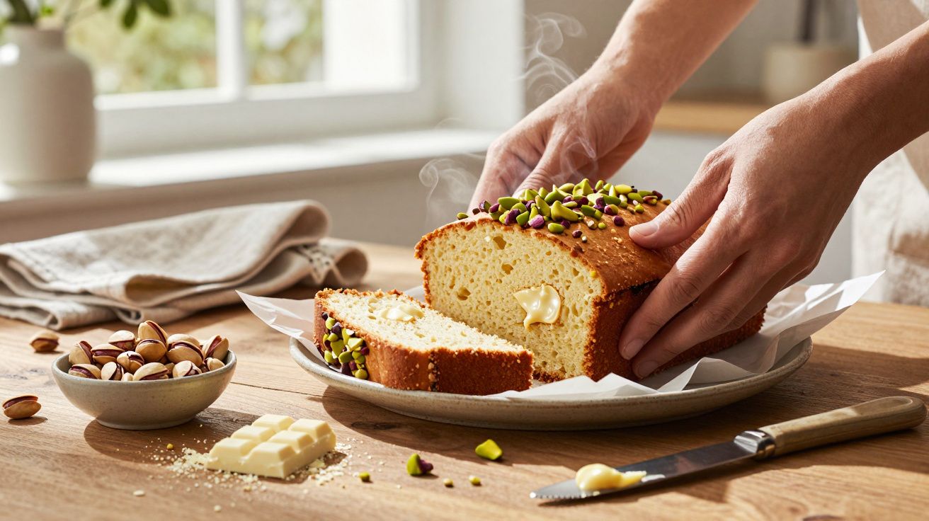 Chec proaspăt pe masă, acoperit cu fistic, felie unsă cu unt, alături de fistic și ciocolată albă.