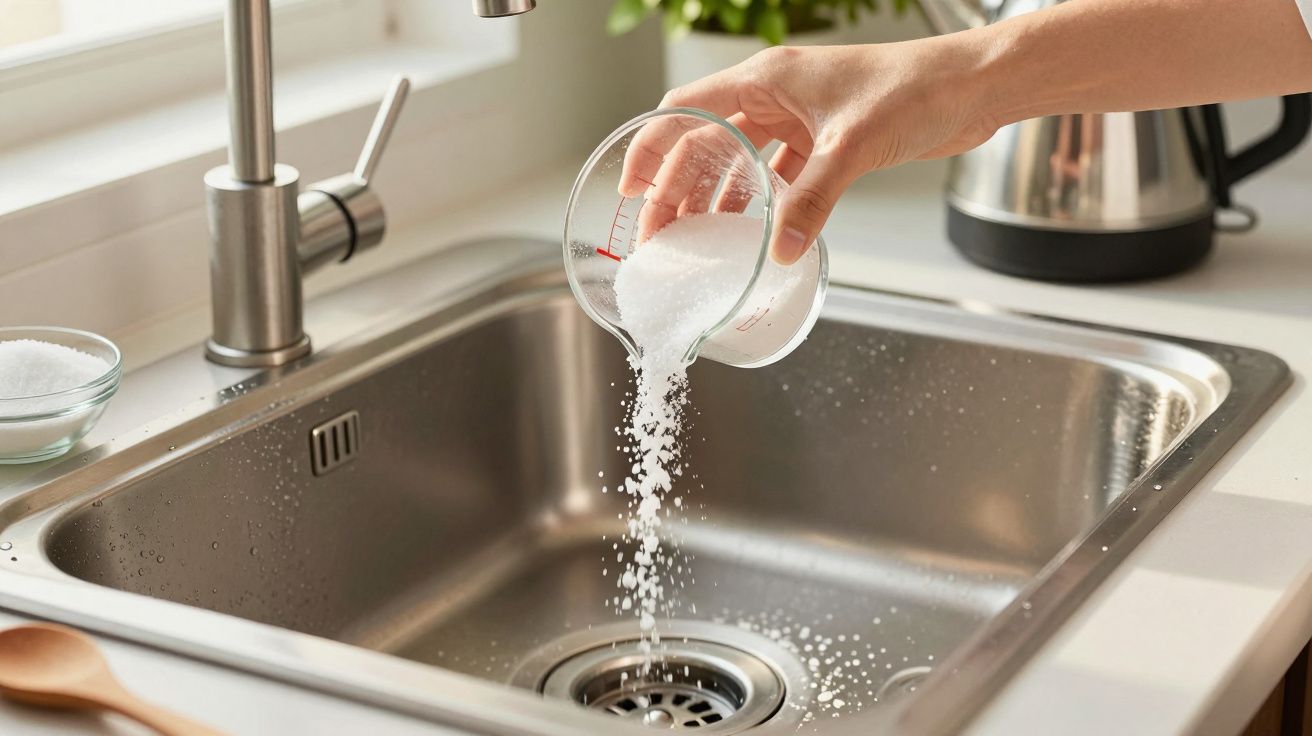 Mână toarnă sare într-o chiuvetă din inox lângă o cratiță și o plantă.