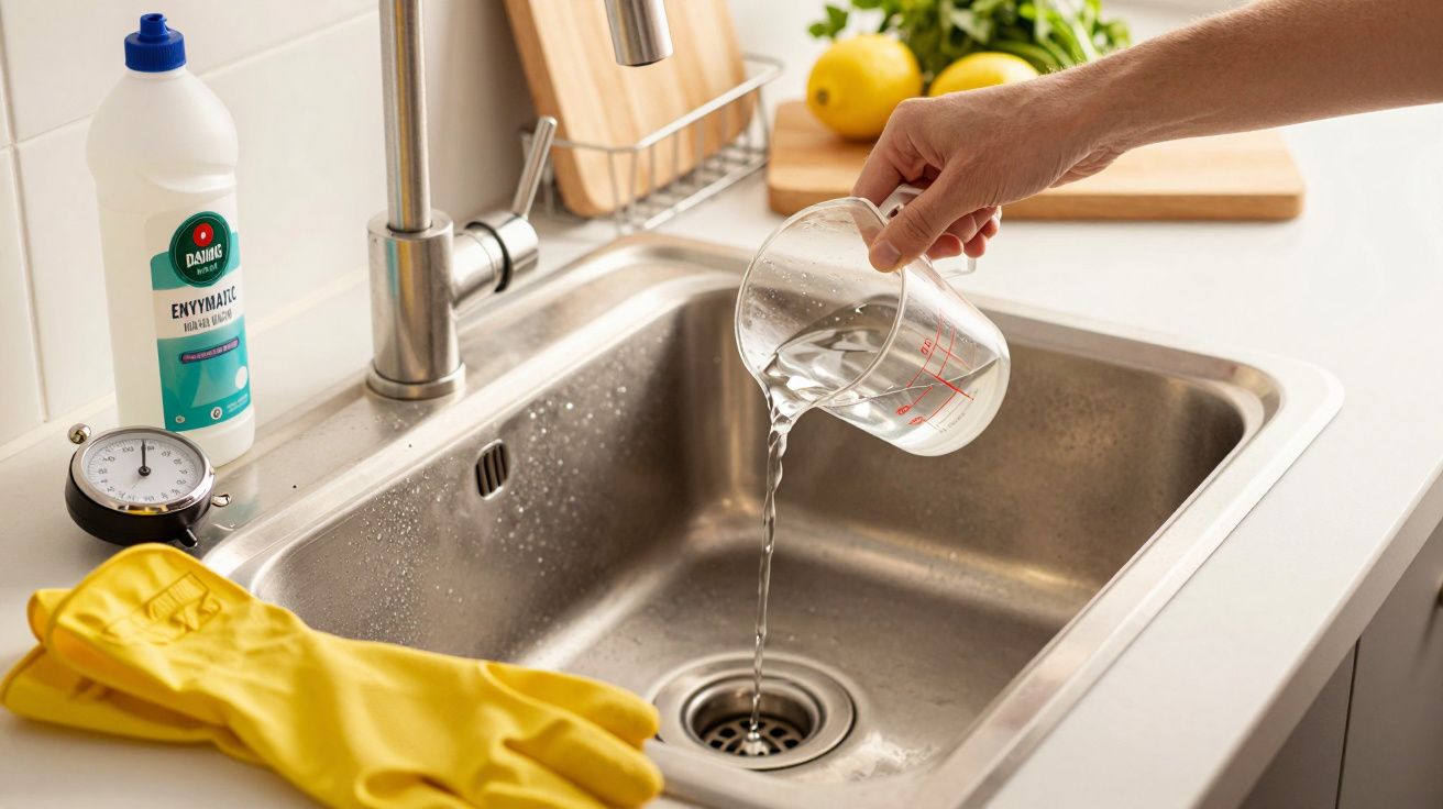 Mână turnând apă dintr-un recipient în chiuvetă, lângă detergenți și mănuși de curățenie.