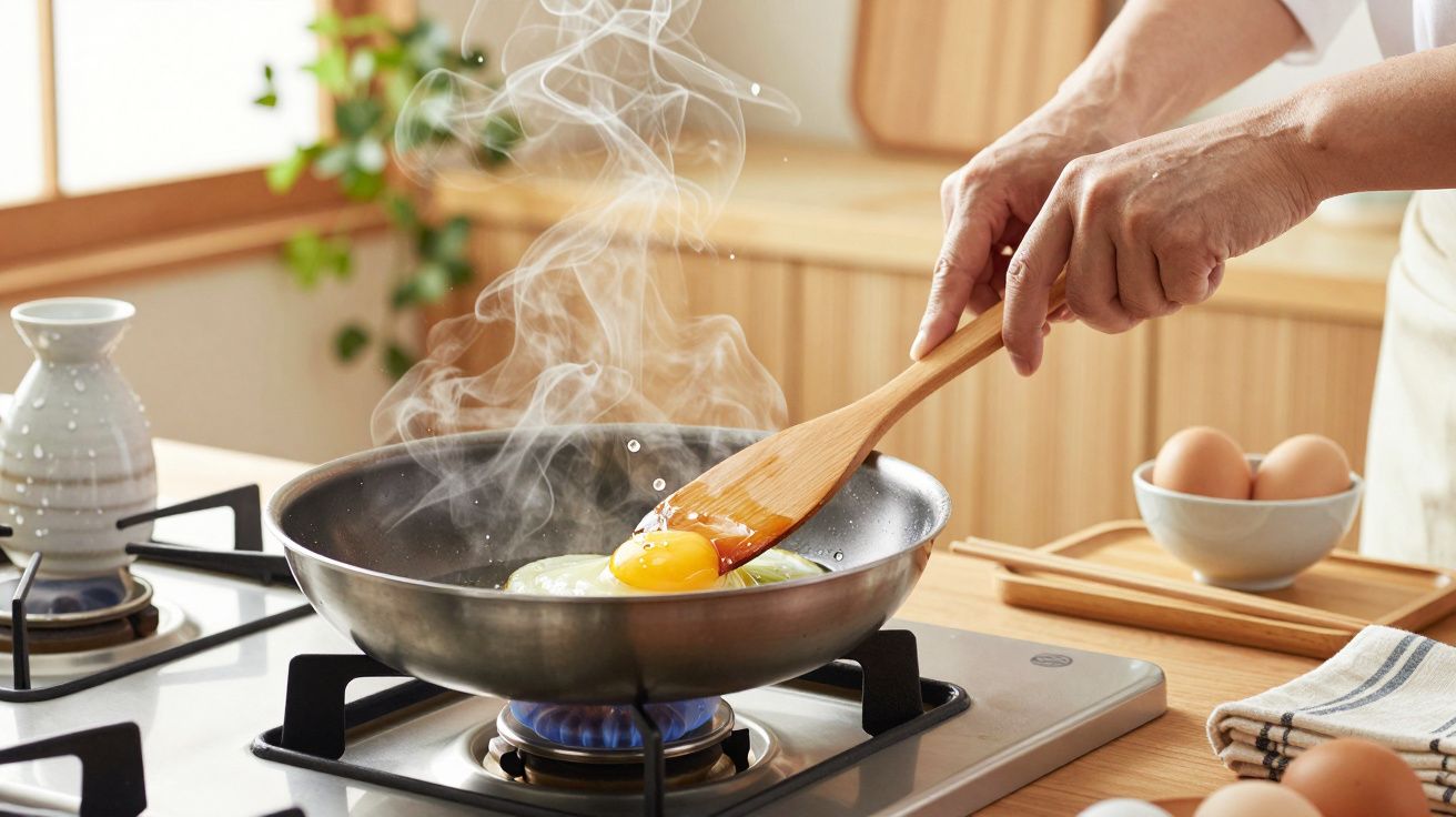 O persoană gătește ouă într-o tigaie pe aragaz, folosind o spatulă de lemn. Aburi se ridică în aer.