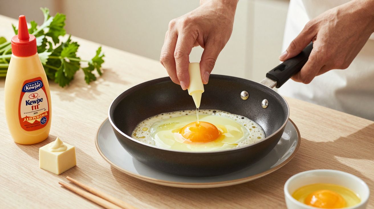 Persoană adaugând sos într-o tigaie cu ouă prăjite; pe masă sunt maioneză, unt și un bol cu gălbenuș.