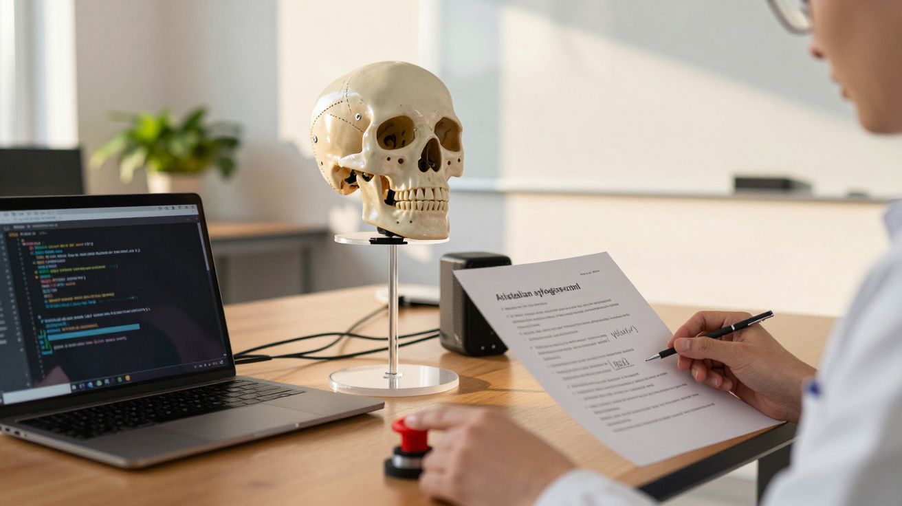 Persoană la birou cu laptop, craniu de model și document în mână, semnând un formular.