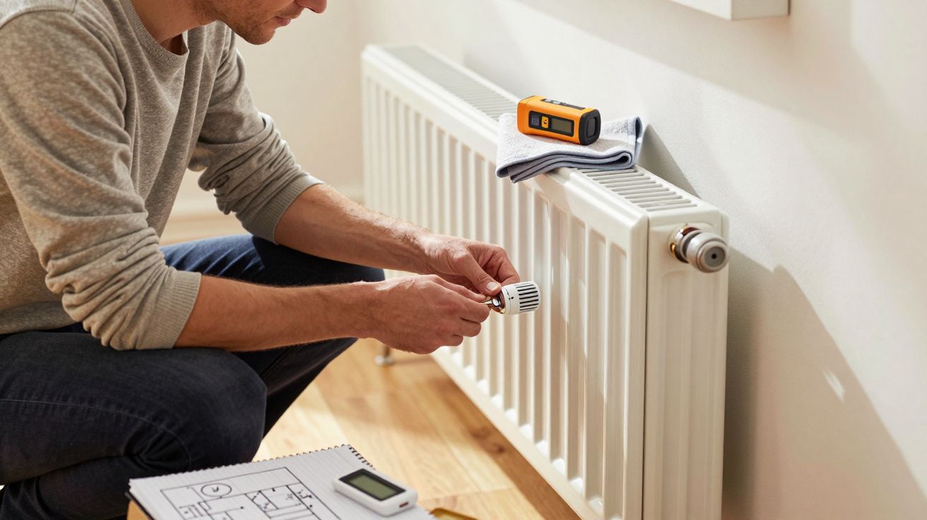 Persoană reglând radiatorul de încălzire centrală cu planuri de construcție și instrumente alături pe podea.