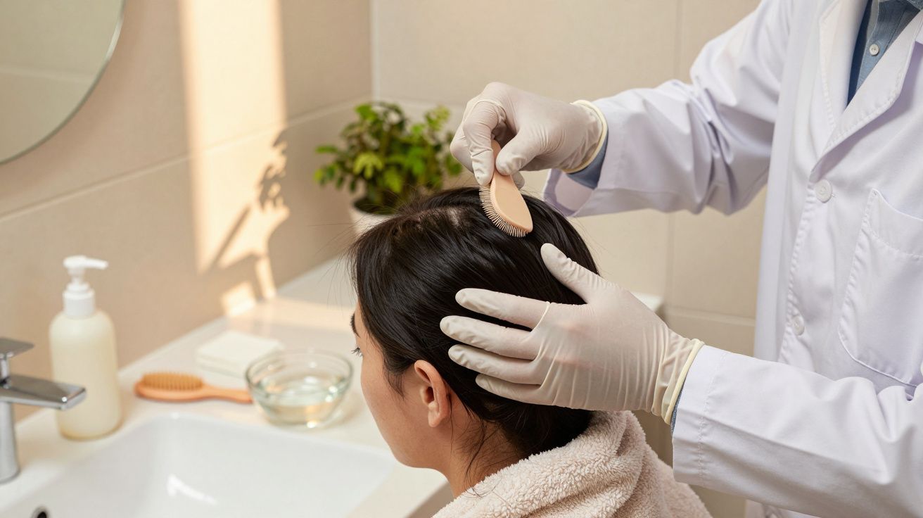 Medic dermatolog examinând scalpul unei paciente într-un cabinet medical.