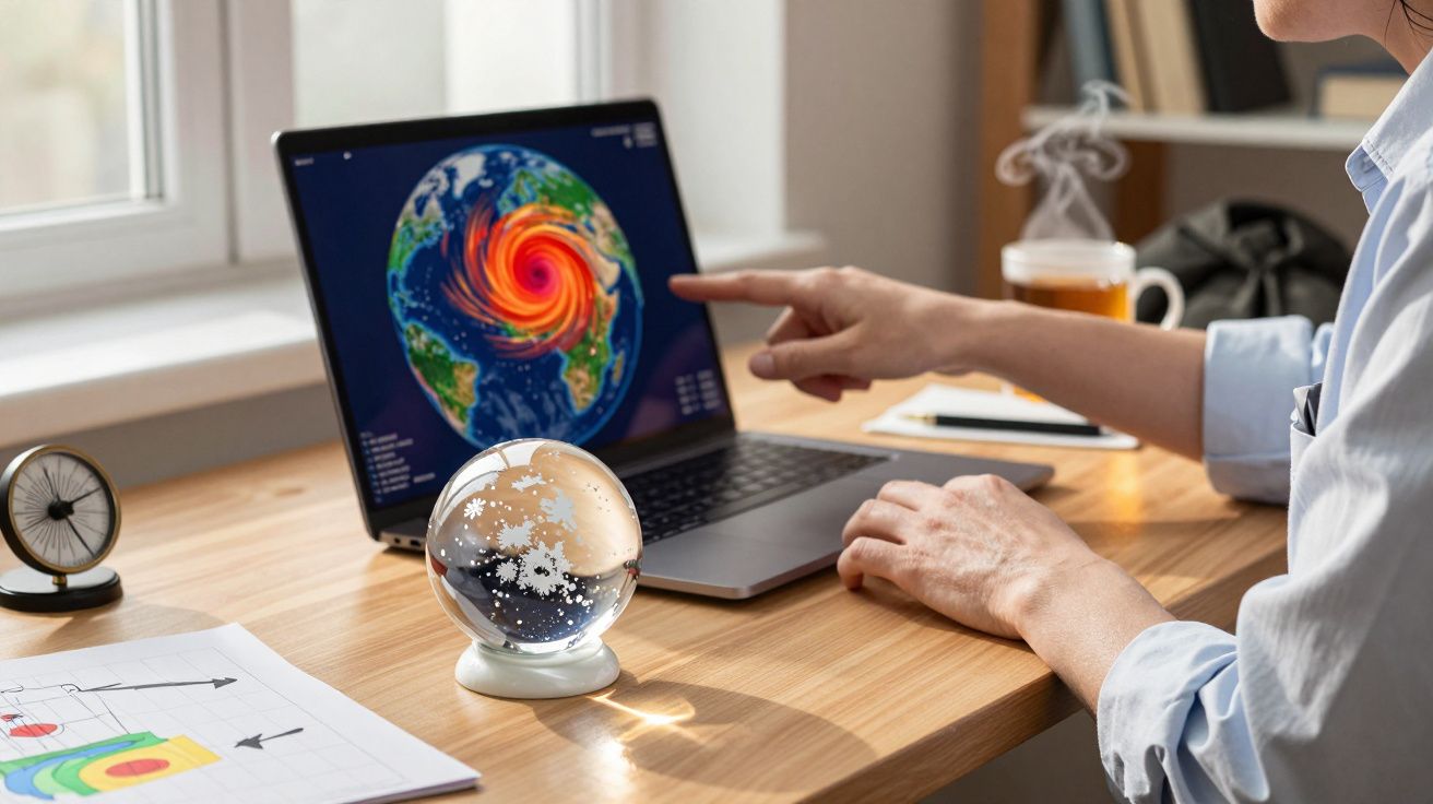 Persoană indicând spre un laptop cu imaginea unui ciclon pe ecran, lângă o bilă de zăpadă pe birou.