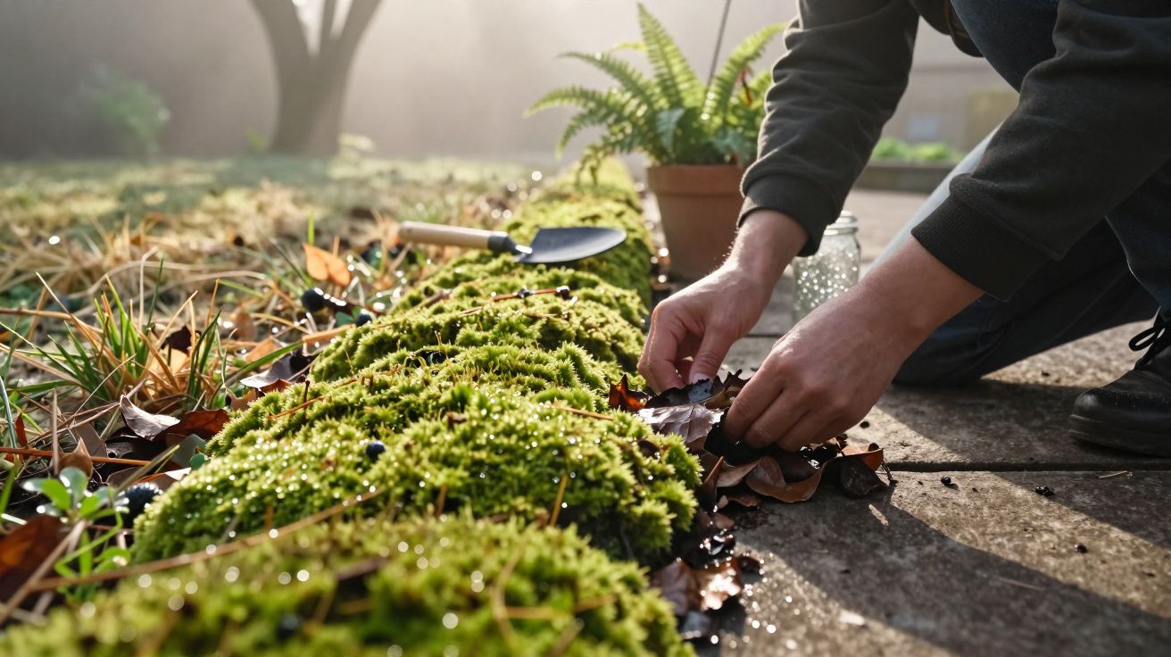 Persoană grădinărind, aranjând frunze uscate lângă un strat verde de mușchi, cu ferigă și unealtă de grădinărit.