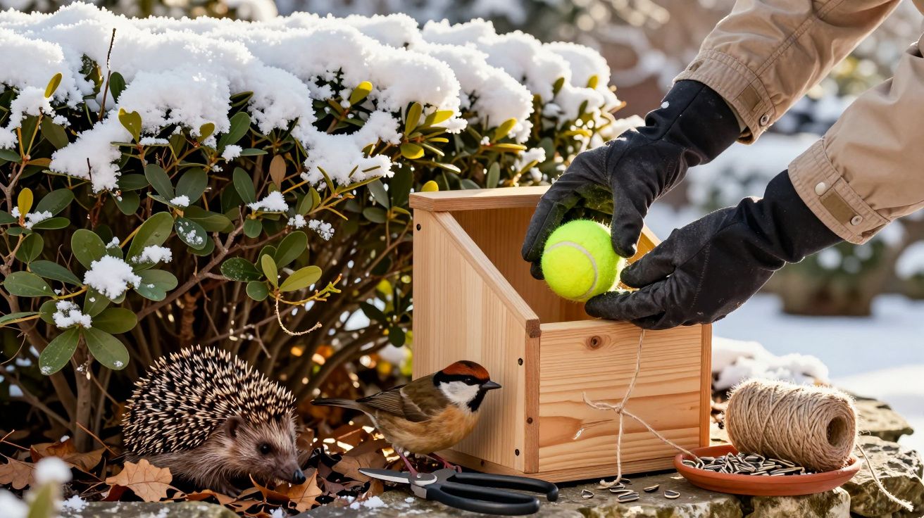 Arici și pasăre lângă o căsuță de lemn, în zăpadă, cu o minge de tenis, șnur și semințe lângă.