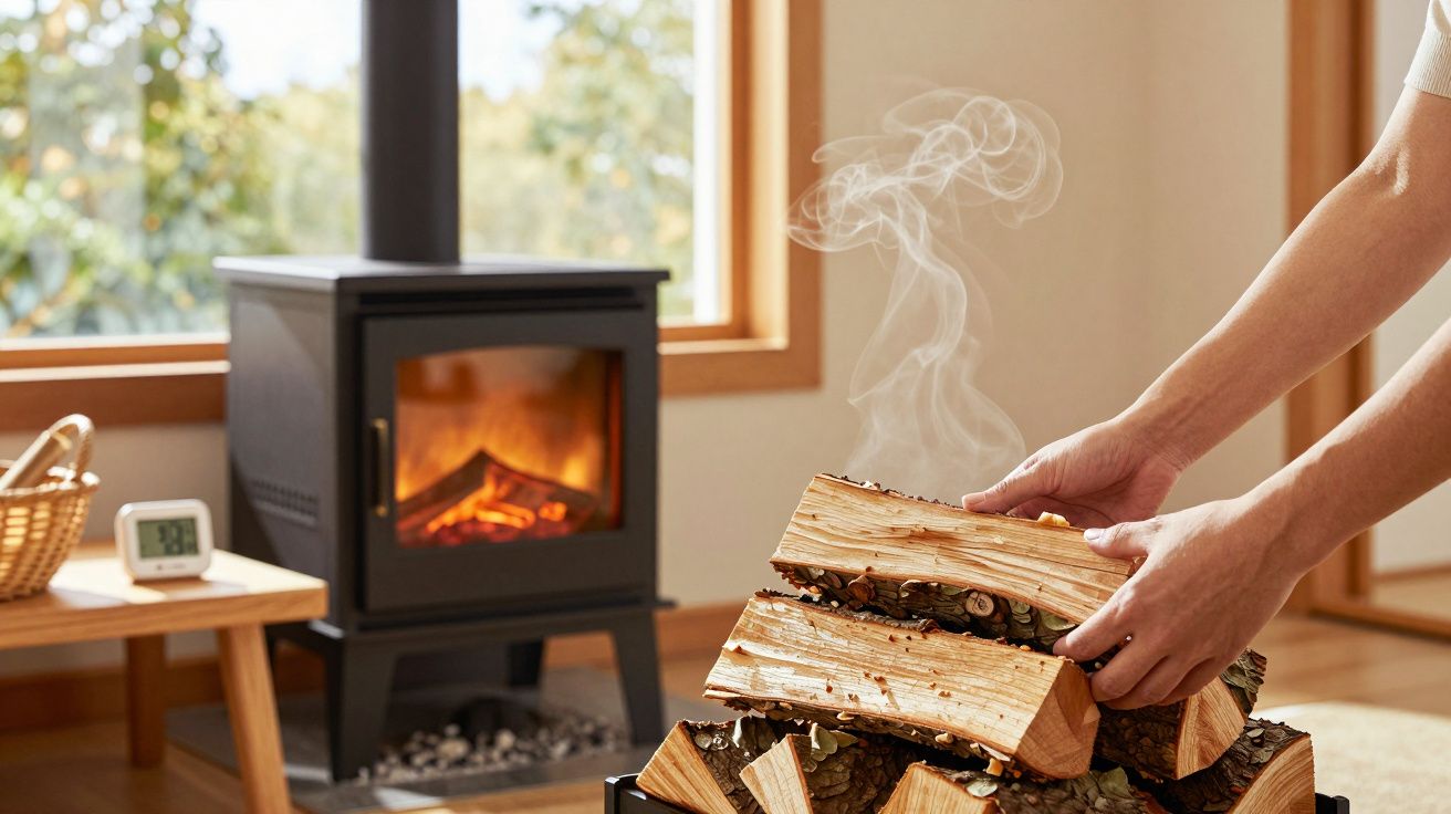 Om așezând un buștean într-un suport de lemne lângă o sobă cu foc aprins.