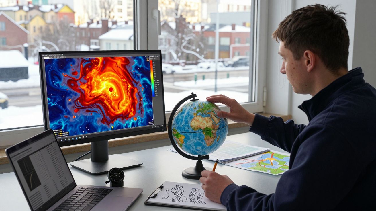 Bărbat analizând hărți meteorologice pe un monitor și un glob pe birou, cu zăpadă vizibilă pe fereastră.