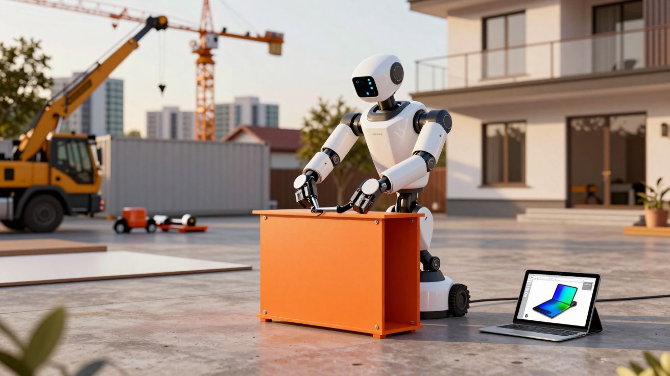 Robot alb asamblând o masă portocalie pe șantier, lângă un laptop și un șantier de construcții.