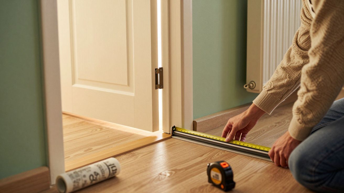 Persoană măsurând podeaua din lemn lângă o ușă albă, cu o bandă de măsurat și un metru de masă.