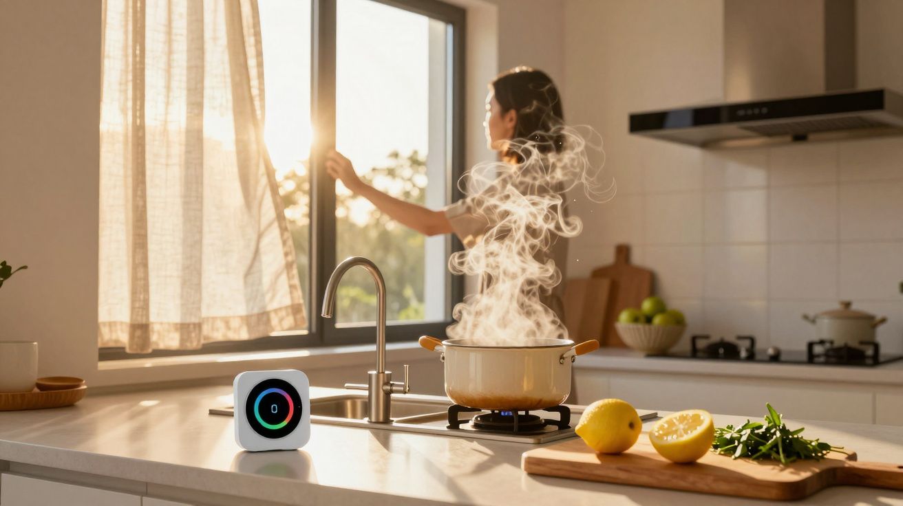 Femeie deschizând o fereastră în bucătărie, lângă o oală cu aburi pe aragaz, lămâi și verdeață pe masă.