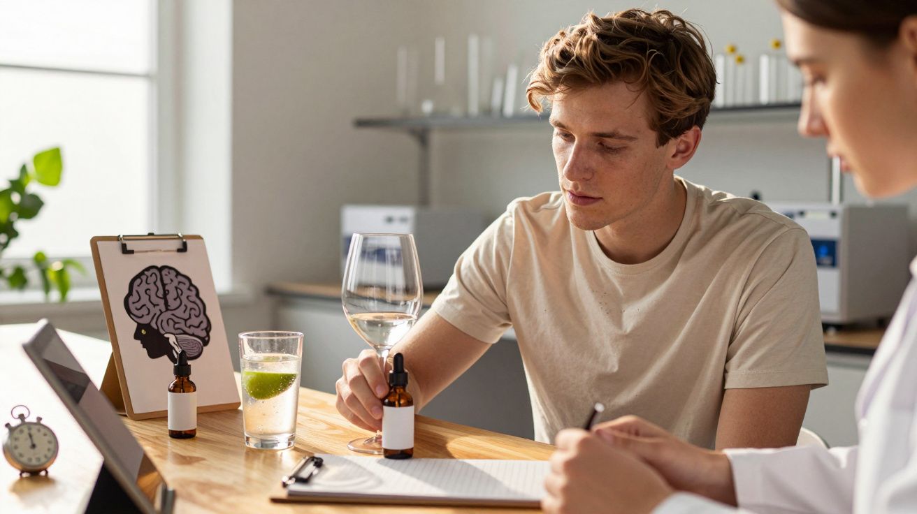 Bărbat și femeie discutând la o masă cu schiță de creier și sticluțe de medicament, laborator luminos.