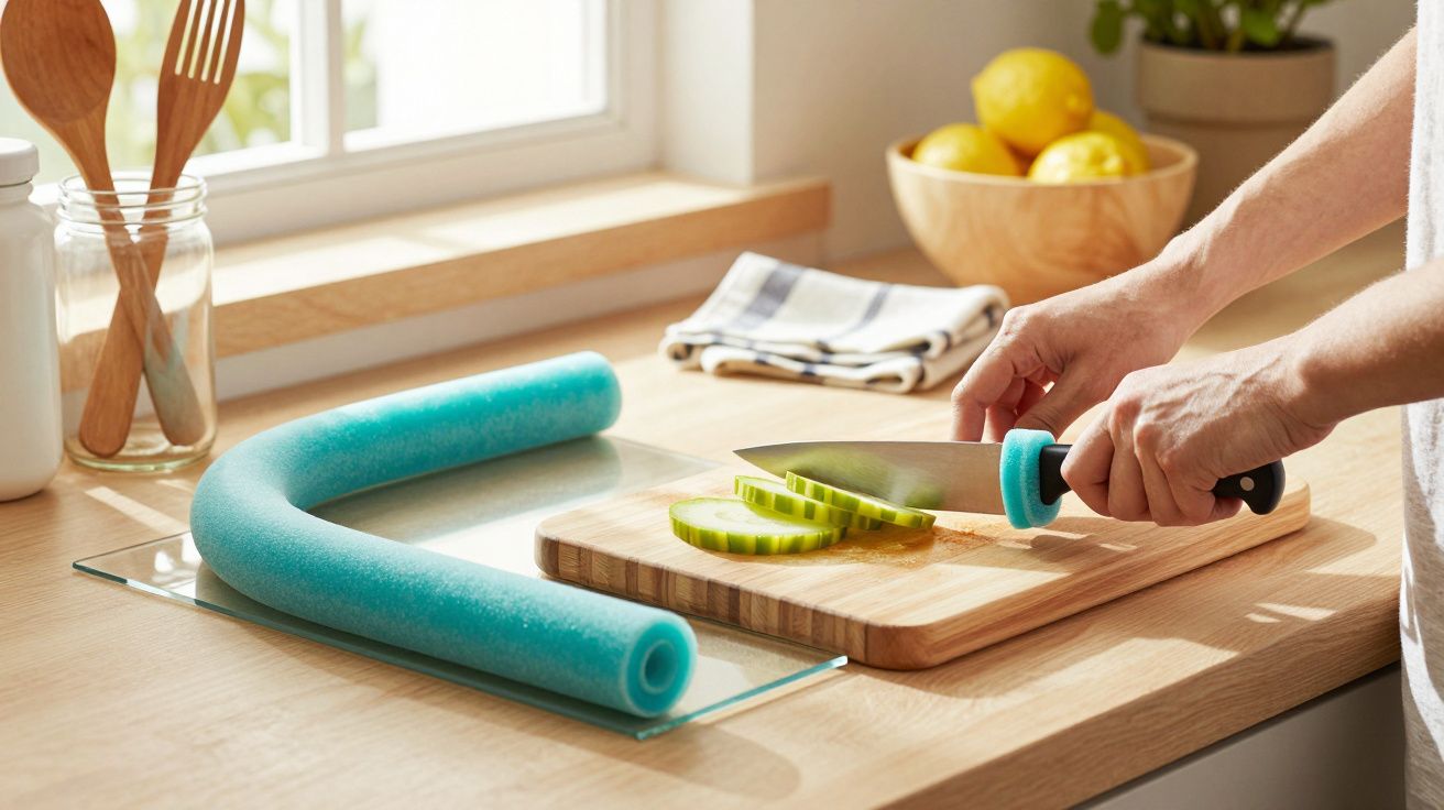 Persoană taie un castravete pe un tocător din lemn într-o bucătărie luminoasă, lângă o fereastră deschisă.