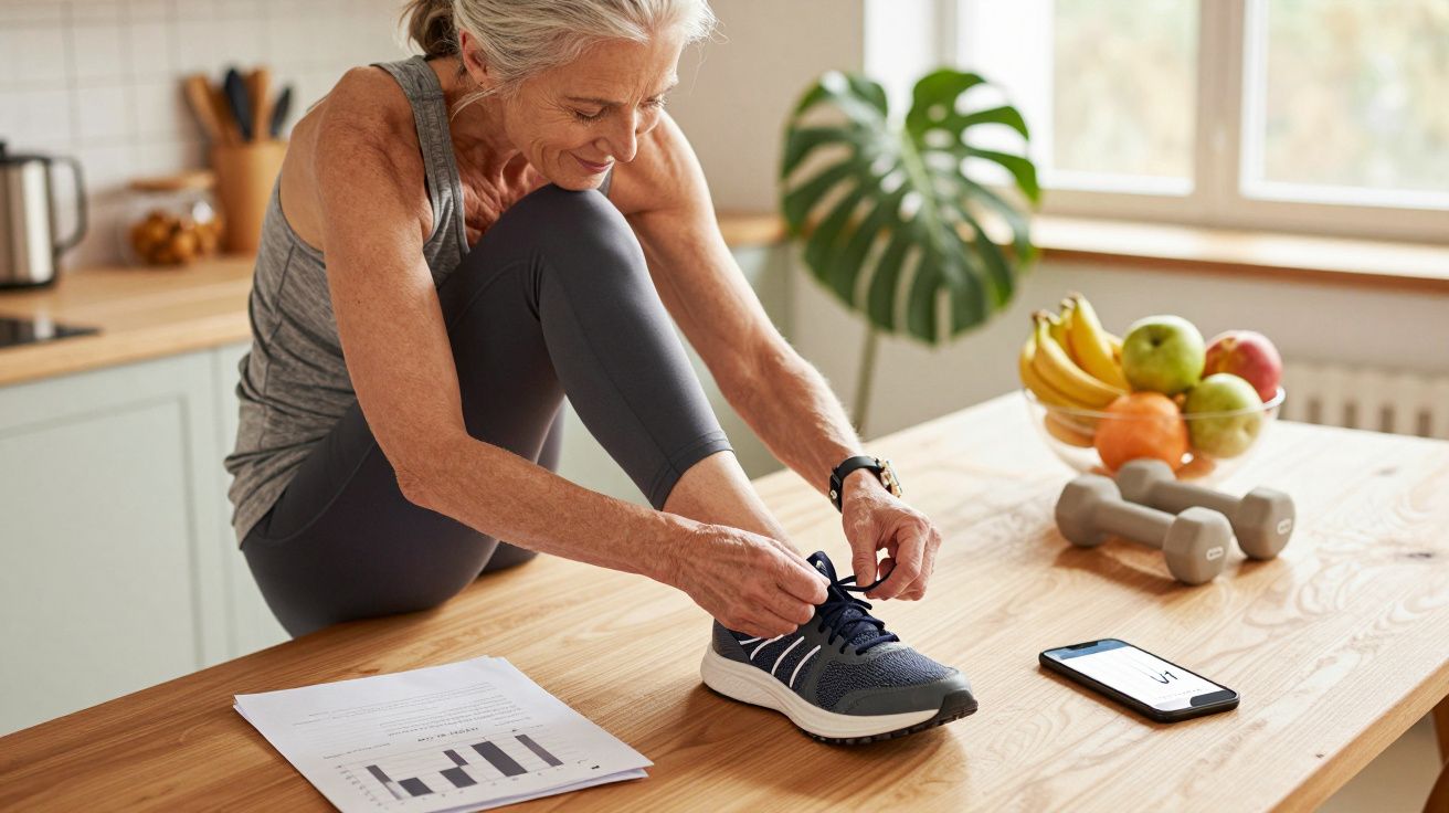 Femeie matură în echipament sport leagă șireturile pe masă în bucătărie, cu greutăți, fructe și telefon alături.