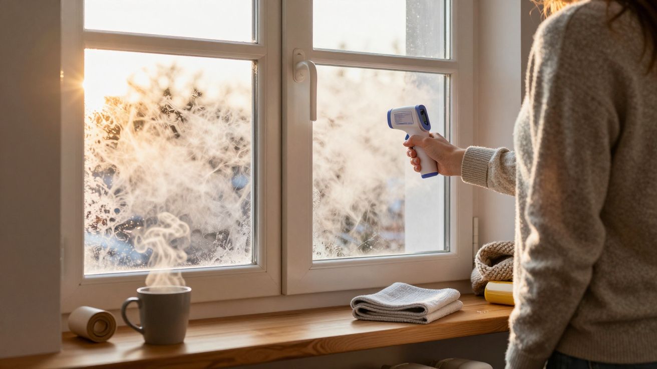 Persoană verificând izolația unei ferestre cu un termometru laser, alături de o ceașcă de ceai pe pervaz.