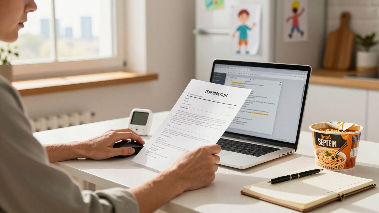 O persoană ține o scrisoare de concediere lângă un laptop, un caiet, un pen și un bol cu tăiței pe masă.